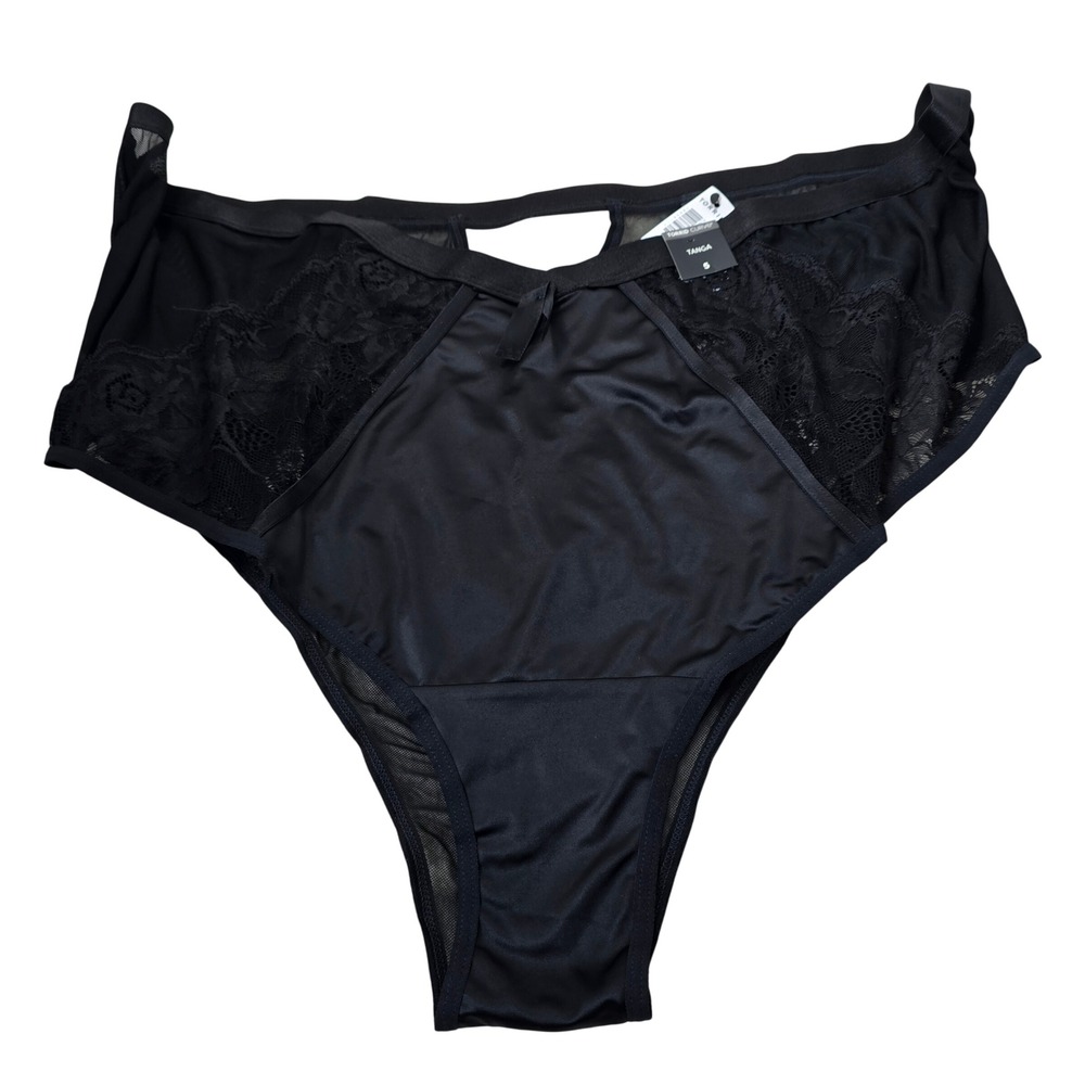 Torrid Satin and Lace Retro Tanga Panty Women 6 Black High Waist Keyhole Mesh